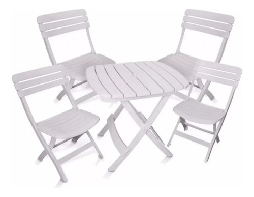 Mesa + 4 Cadeiras Plástica Dobravel Ripado Diamantina Branca