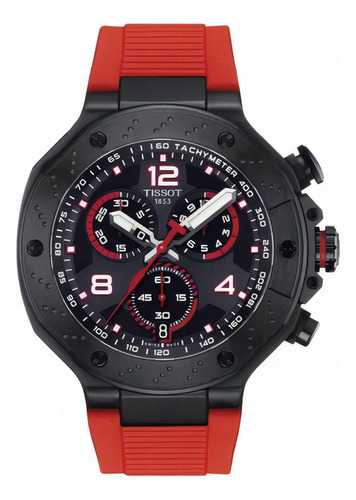 Reloj Pulsera Tissot T-sport T-race Chronograph De Cuerpo Color Negro, Analógico, Para Hombre, Fondo Negro, Con Correa De Silicona Color Rojo, Bisel Color Negro Y Hebilla Simple