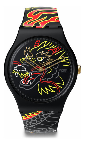 Reloj Swatch Dragon In Wind Pay! So29z137-5300 Correa Negro Bisel Negro Fondo Negro