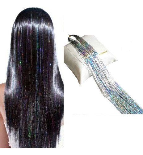 Hilos De Oropel Metalicos Para Cabello Extension Holografica Color Plateado