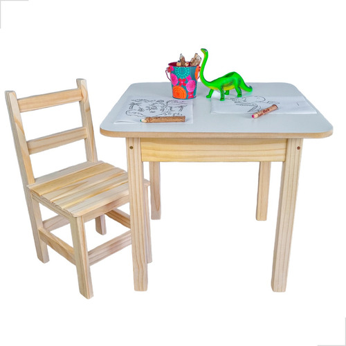 Conjunto Mesa Infantil Madeira Maciça Resistente 1 Cadeira