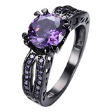 Anillo Piedra Natal Purpura Amatista Oro Negro Con Circonita