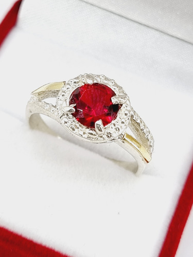 Anillo Plata 925 Y Oro Elegante Delicado Piedra Roja 