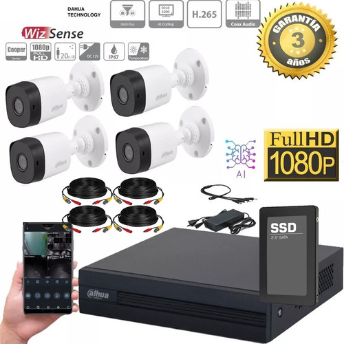 Kit Dahua Dvr 4ch + 4 Camaras Full Hd 2mp Lente2.8 Disco Ssd