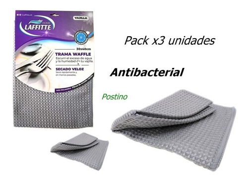 Pack X 3 Paño Microfibra Vajilla Waffle 30x40 Secado Rapido