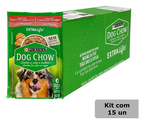 Kit 15 Sachê Dog Chow Cães Adultos Frango 100g Caixa