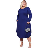 Vestido Plus Size Gordinha Modinha Manga Comprida C Bolsos