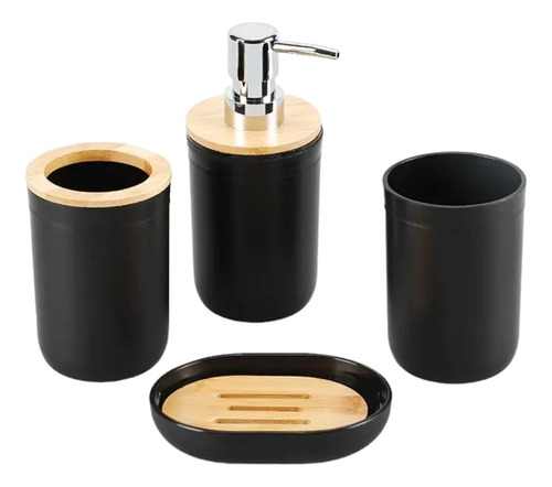 Set De Baño Bambú Plástico X4 Negro Dispenser Vaso Jabonera