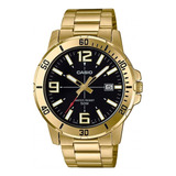 Reloj Pulsera Casio Dress Mtp-vd01g-1bvudf De Cuerpo Color Dorado, Analógico, Para Hombre, Fondo Negro, Con Correa De Acero Inoxidable Color Dorado, Agujas Color Dorado, Blanco Y Rojo, Dial Blanco Y D