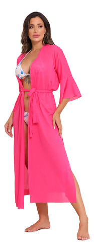 Saida Praia Longa Fenda Feminino Moda Canga Kimono Manga 3/4