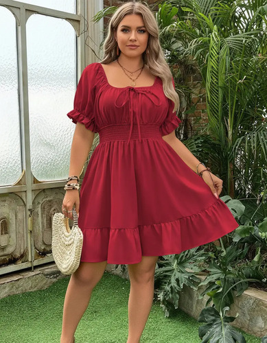Vestido Sexys Escote Cuadrado Globo Cintura Elástica Corto