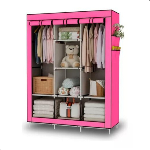 Guarda Roupa Dobrável 3 Portas Organizador Roupa Cor Rosa