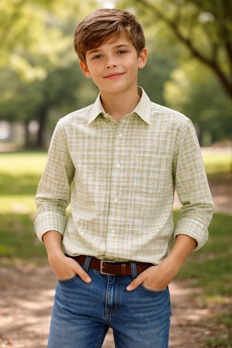 Camisa De Vestir Niño Color Verde Cuadros 3675 1 A 18 Años