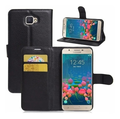 Capa Capinha Carteira Flip Couro Preto Para Galaxy J5 Prime