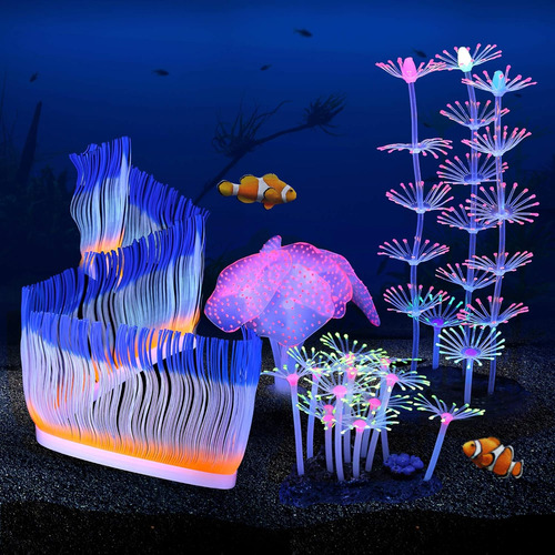 Filhome Glowing Fish Tank Decorations Plants, 4 Pcs Glow  Ab