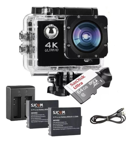 Kit Câmera Ação Ultra 4k Prova D'água + Sd 64gb + 2 Baterias