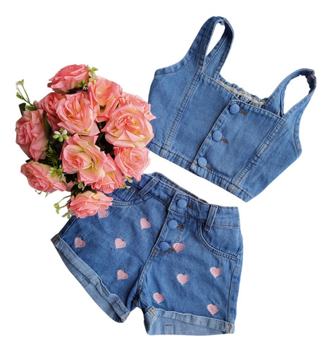 Conjunto Jeans Juvenil Infantil Menina Shorts E Cropped 