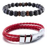 Pack Pulsera Piedras Naturales Y Pulsera Cuero Hombre Roja