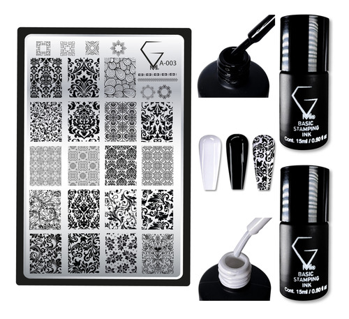 Basic Stamping Inks 15ml Color Blanco Y Negro + Placa A-003