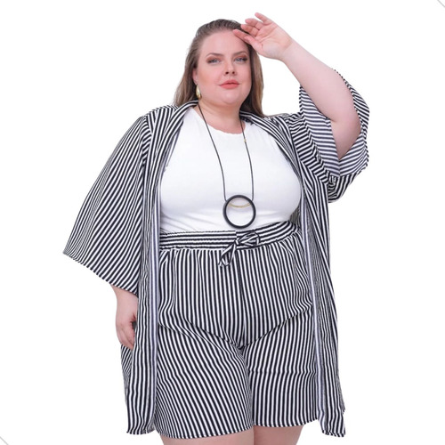 Conjunto Plus Size Listrado Bermuda E Kimono Moda Verão 