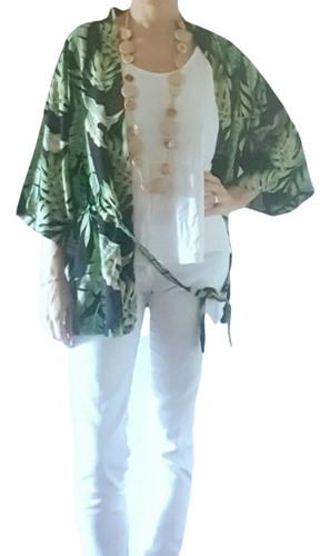 Kimono Estampa Hojas Con Lazo Y Elástico En La Cintura