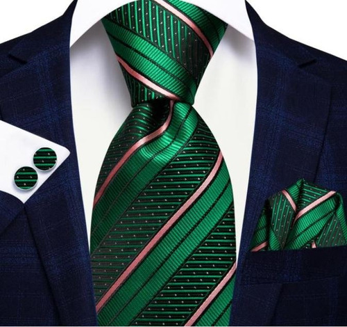 Set Corbata Pañuelo Mancuernillas Seda Jacquard- Verde 3418