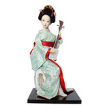 Estatuilla De Dama De Geisha Japonesa De Rojo Y Verde Claro