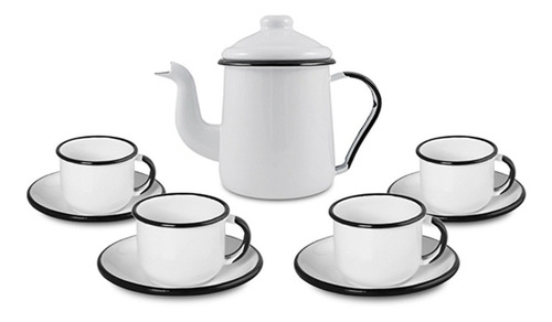 Conjunto Esmaltado Luxo Para Café Com Bandeja 10 Pcs Branco