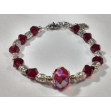 Pulsera Artesanal Tanza Acero Cristal Checo Rojo