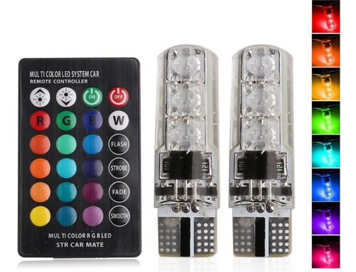 Kit Focos T10 Rgb Con Estrobo Control Remoto Led Pellizco Co