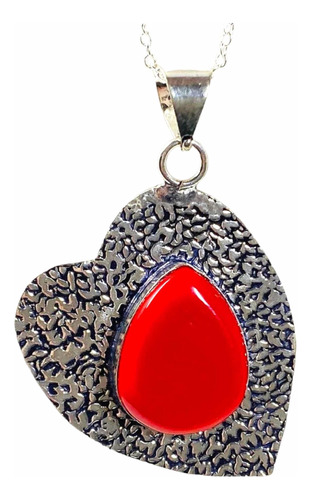 Colgante Corazón Plata India Coral Rojo Cabujon 100% Natural