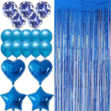 Combo Globos Azul Confeti + Perlados + Cortina + Corazon