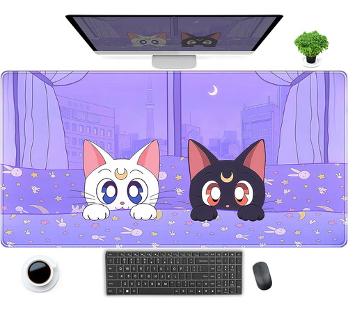 Cute Pastel Púrpura Desk Mat Kawaii Anime Cat Large Xx...