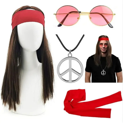 Conjunto De 4 Piezas De Peluca Hippie Los Años 70 Para Hombre
