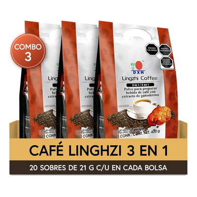 Combo 3 DXN | Lingzhi Coffee 3 en 1 | Café con Crema Instantaneo Soluble Potenciado con Ganoderma Lucidum Reishi | Cafe con Hongos Adaptogenos | Delicioso y Cremoso Instant Mushroom Coffee | 20 Sobres | Meses sin interés
