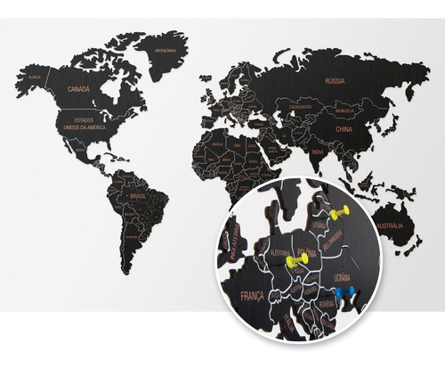 Mapa-múndi De Madeira Mdf - Mapa De Viagens - Com Pins