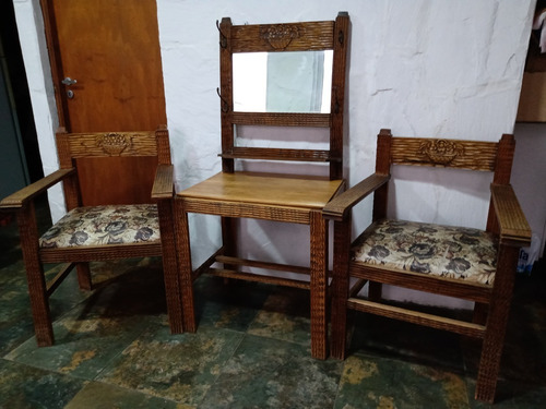 Antiguo Juego Sala Sillones Con Mesa Y Perchero Espejo Bisel