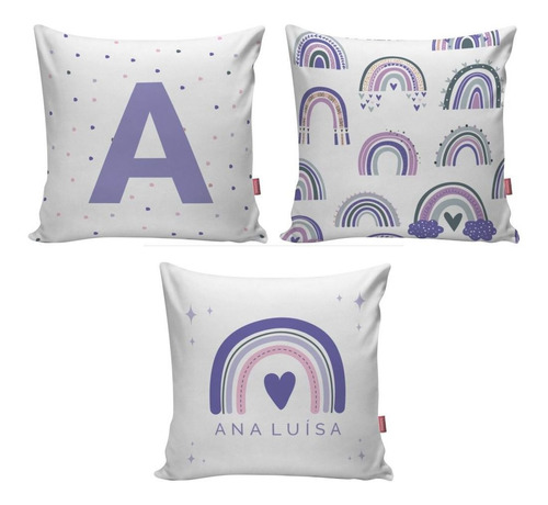 Kit 3 Capa Almofada Personalizada Nome Quarto Roxo Lilás