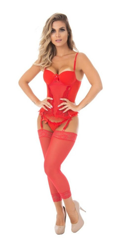 Conjunto De Lingerie Espartilho Cinta Liga Completo Sexy 