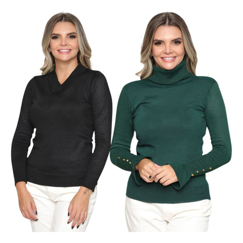 Kit 2 Blusa Feminina Tricô Gola Alta Decote V Sueter Lã Lisa