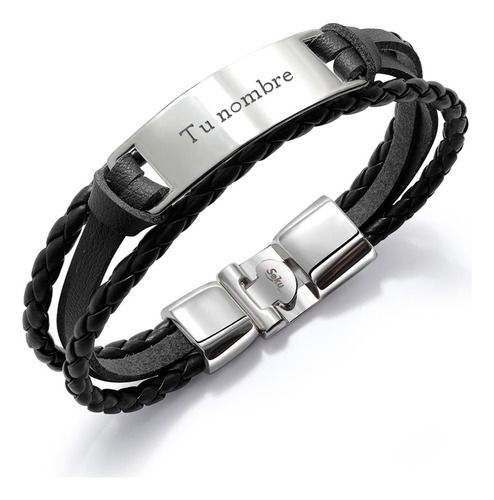 Pulsera Hombre Personalizada Grabado Vintage De Piel Titanio Color Plateado-negro Diámetro 20 Cm Largo 20 Cm