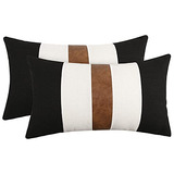 Set Of 2 Faux Leather And Linen Lumbar Pillow Covers 12...