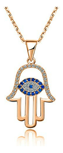 Collar Hamsa Ojo Malvado Sloong Oro Rosa 14k Tercer Ojo Cz A