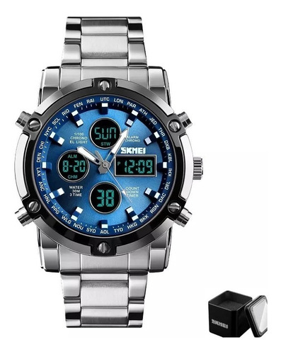 Reloj De Pulsera Skmei 1389 De Cuerpo Color Plateado, Analógico-digital, Para Hombre, Fondo Azul, Con Correa De Acero Inoxidable Color Plateado, Agujas Color Blanco Y Gris, Dial Azul Y Blanco, Subesfe