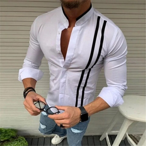 Moda Elegante Negro Blanco Rayas Camisa Hombre Botón