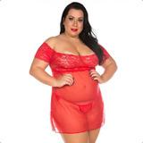 Camisola Sensual Plus Size Renda Transparente E Calcinha