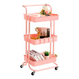 Carrito Auxiliar Organizador Metalic De 3 Niveles Con Ruedas Color Rosado