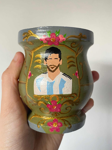 Mate Pintado A Mano - Messi - Argentina - Fileteado.