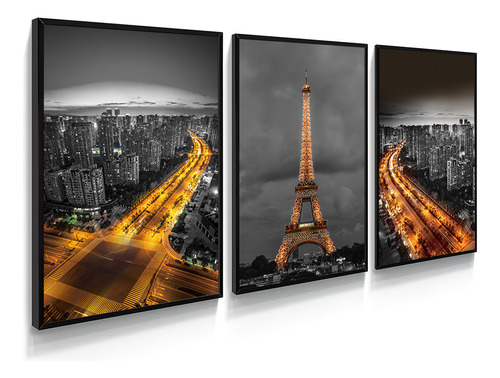 Kit 3 Quadros Cidade Grande Paris Nova York 43x33cm