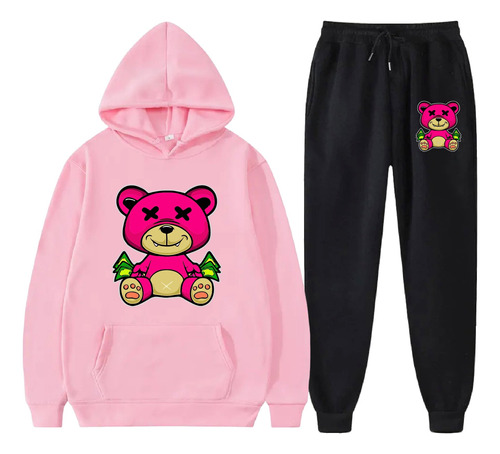 Conjunto Moletom Flanelado Blusa Canguru Casual Urso Pink